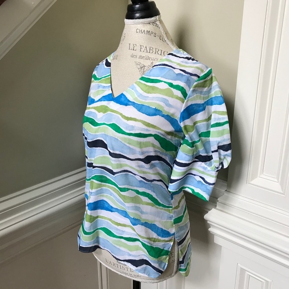 Charlotte Brody Blouse Top Shirt Womens XS Blue White Green 3/4 Sleeve V-Neck - Picture 8 of 12